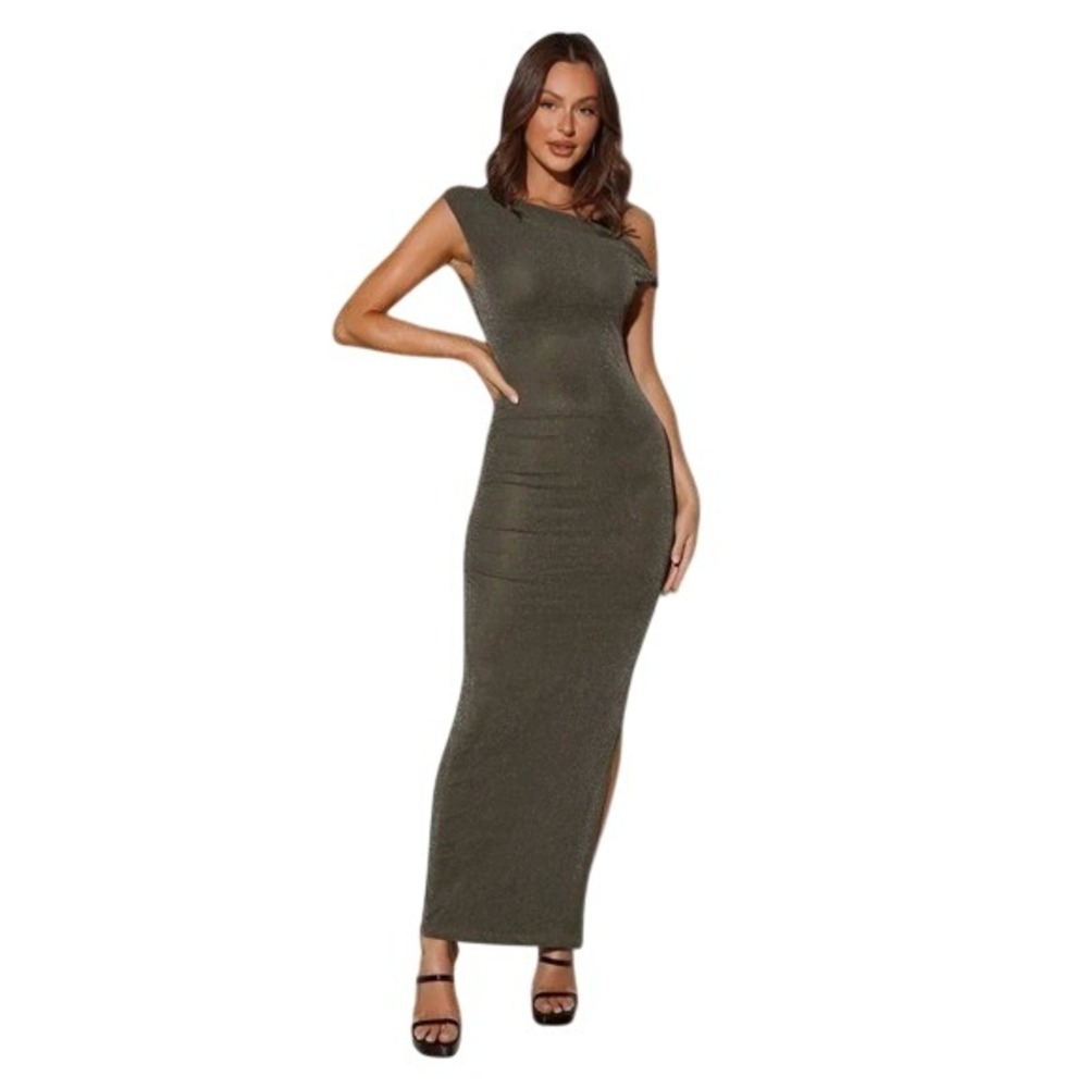Runaway The Label Size M Midi Dress Green Lurex Twisted Strap Ruching